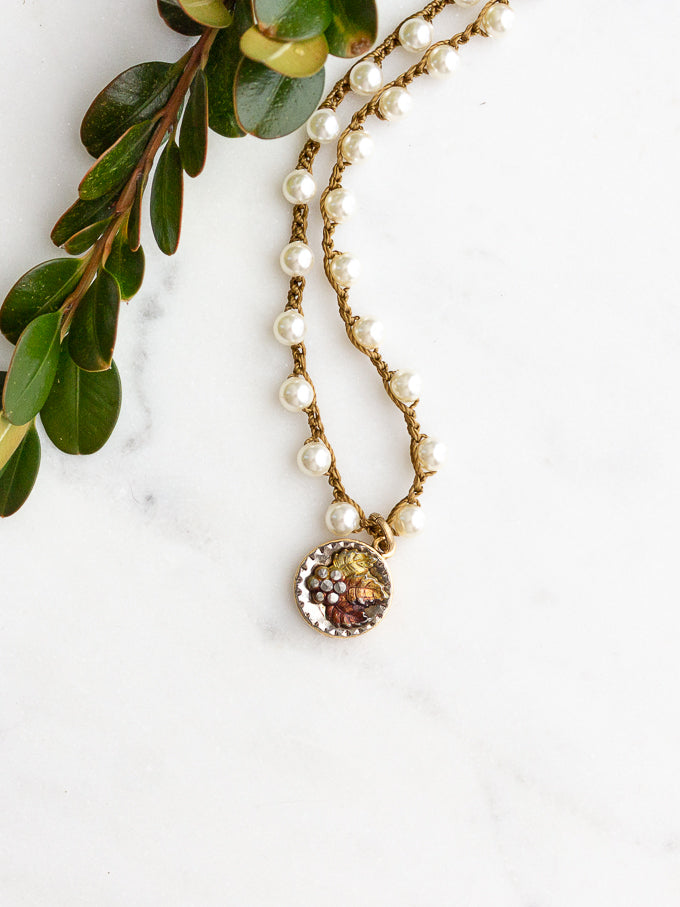 Colorful Leaves Petite Antique Button Necklace