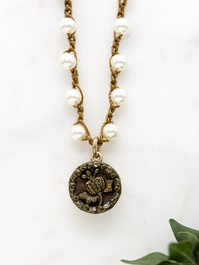 Floral Petite Antique Button Necklace