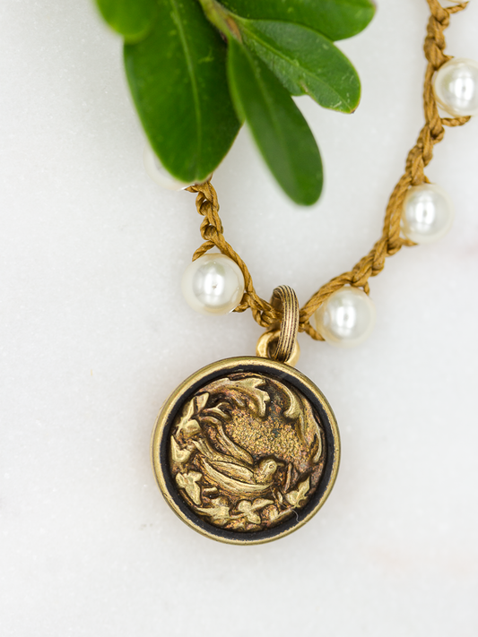 Petite Bird in Nest Antique Button Necklace