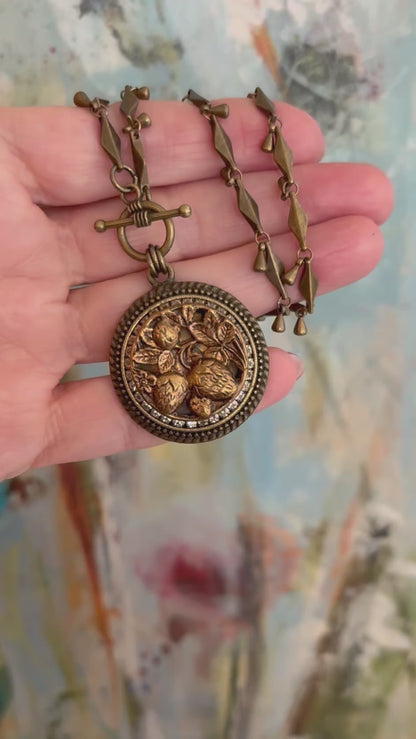 Strawberries Antique Button Necklace on Chain*