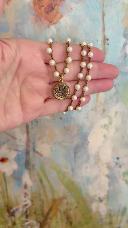 Gold Thistle Petite Antique Button Necklace