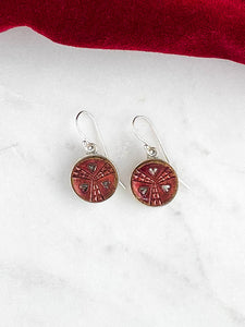 Antique Button Red with Silver Hearts Earrings