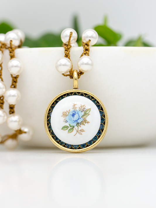 Vintage Porcelain Blue Flower Pearl Necklace