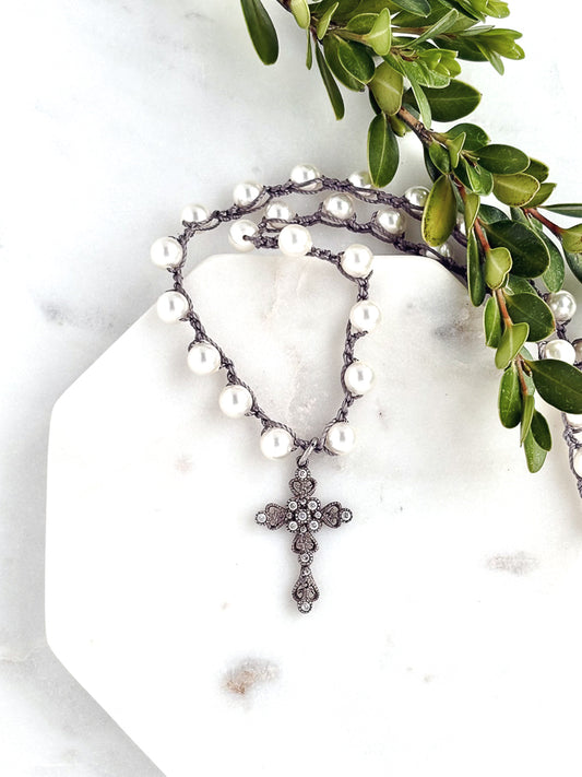Vintage Silver Cross Pearl Necklace