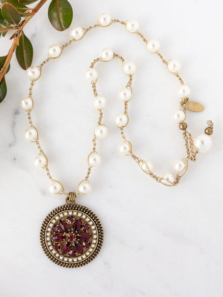 Vintage Crystal Garnet Pearl Necklace