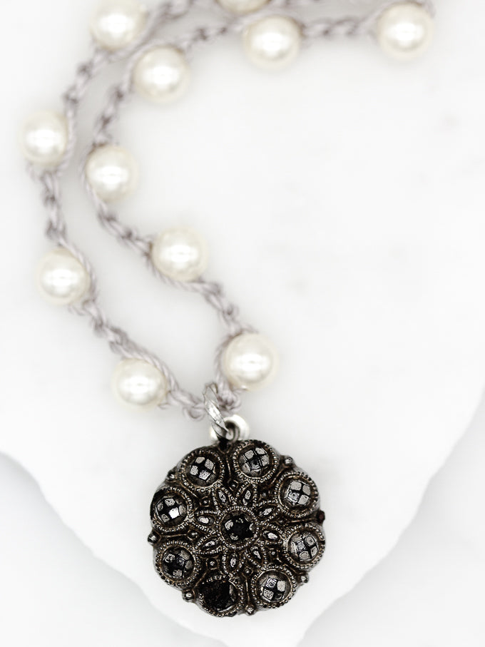 black jet sparkling antique button necklace