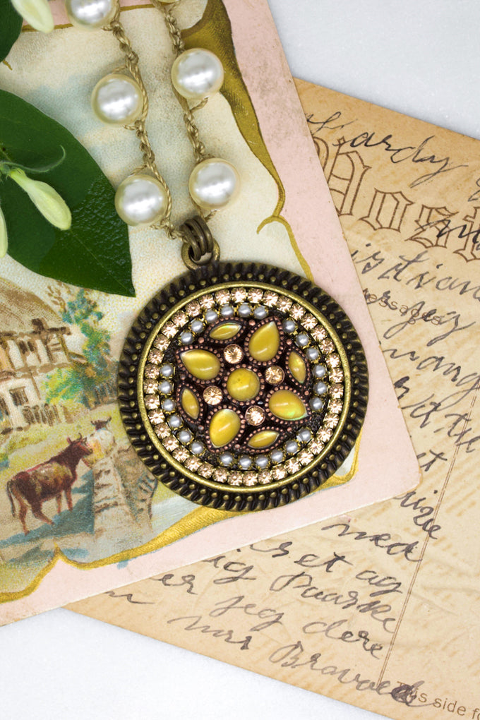 Yellow Vintage Necklace with Hand-Stitched Pearl Chain