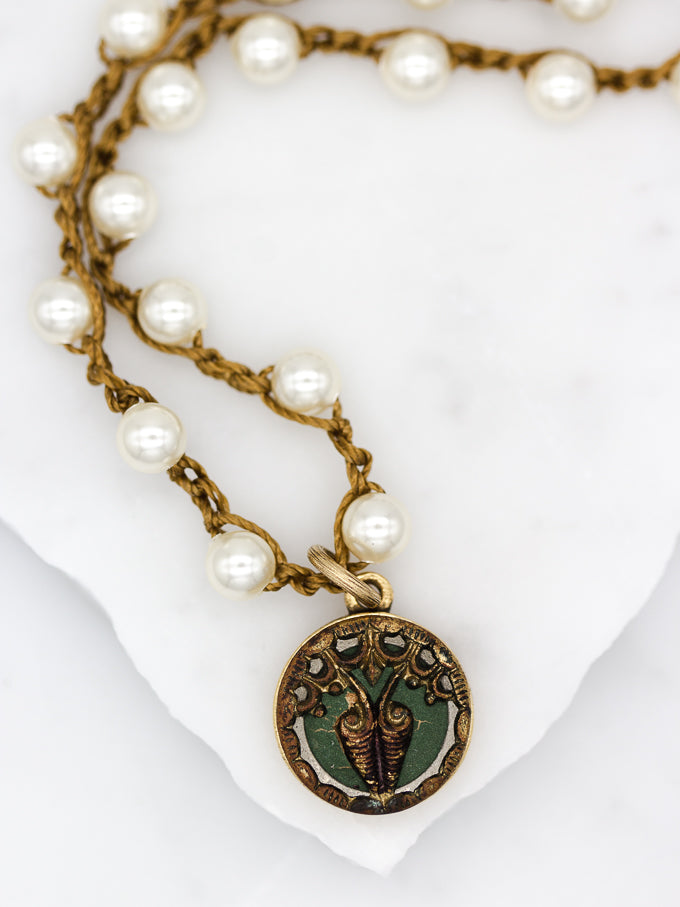 green and gold antique button necklace
