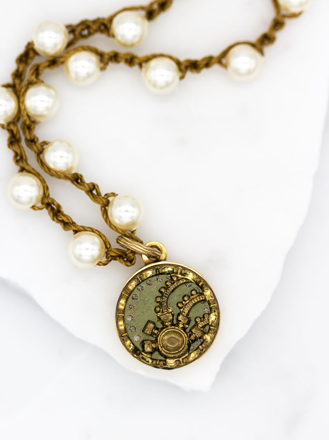 gold light green antique button necklace