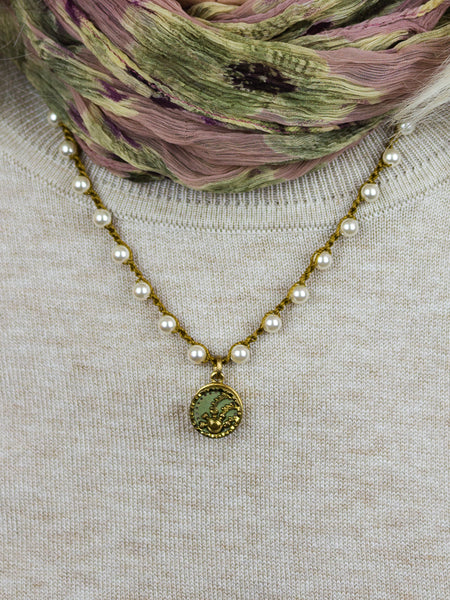 Light Green and Gold Petite Antique Button Necklace