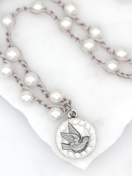 silver bird white pearl antique button necklace