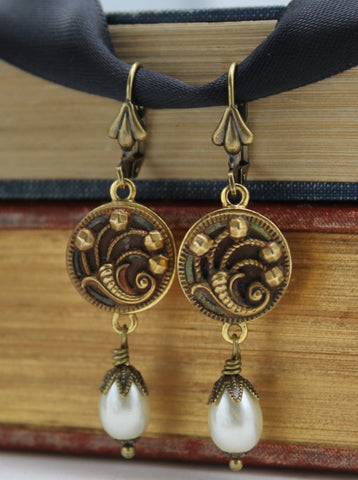 antique button cornucopia earrings with pearl dangles