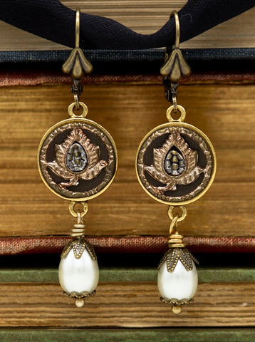 antique button floral earrings with drop pearls