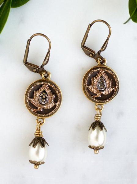 antique button earrings with pear shaped pearl drops