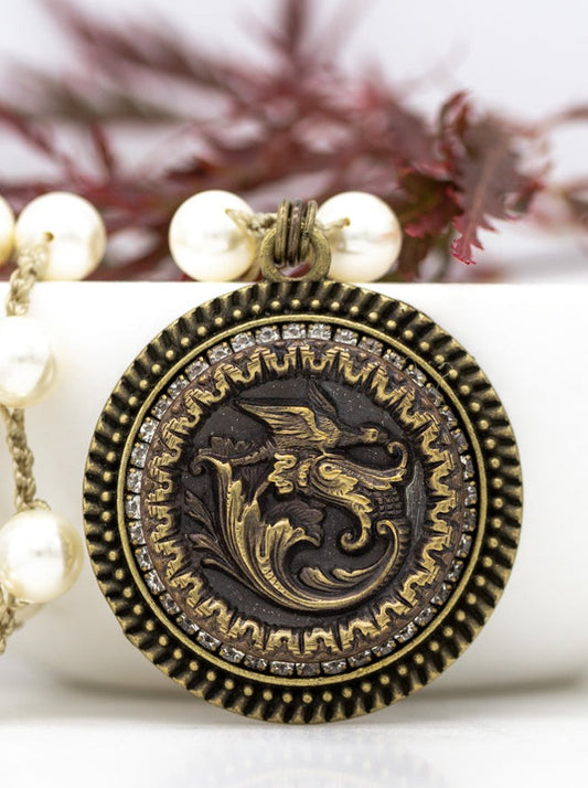 Vintage Dragon Button Necklace with Hand-Stitched Pearl Chain