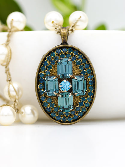 Vintage Aqua Rhinestone Cross Necklace