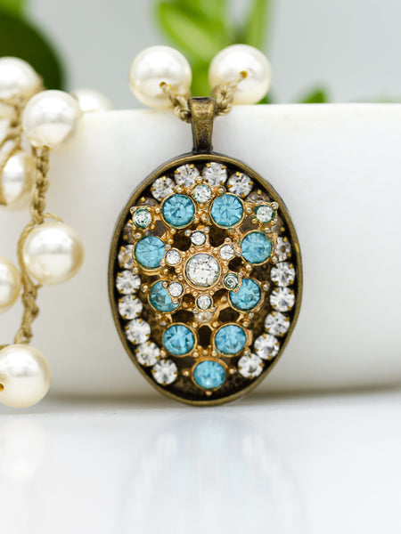 Vintage Oval Necklace with Aqua Rhinestones