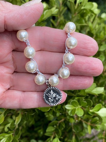 Silver Floral Black & Silver Petite Antique Button Bracelet