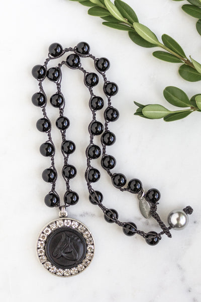 Vintage Black Leather Button Necklace with Hand-Stitched Onyx Stone Chain