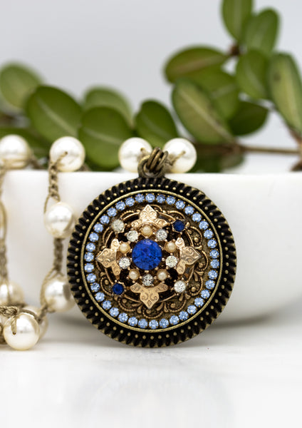 sapphire blue crystal and gold necklace with swarovski pearls