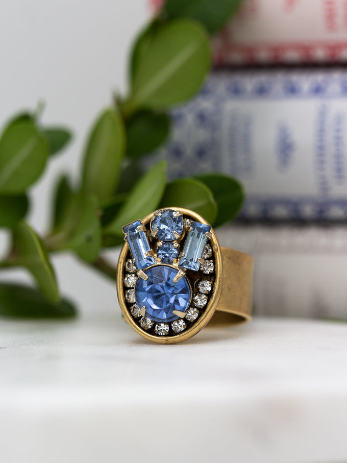Light Blue Vintage Rhinestone Adjustable Statement Ring