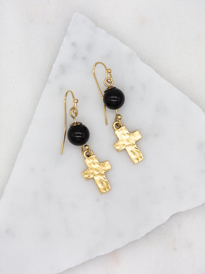 Hammered Cross with Black Onyx Gold Earrings