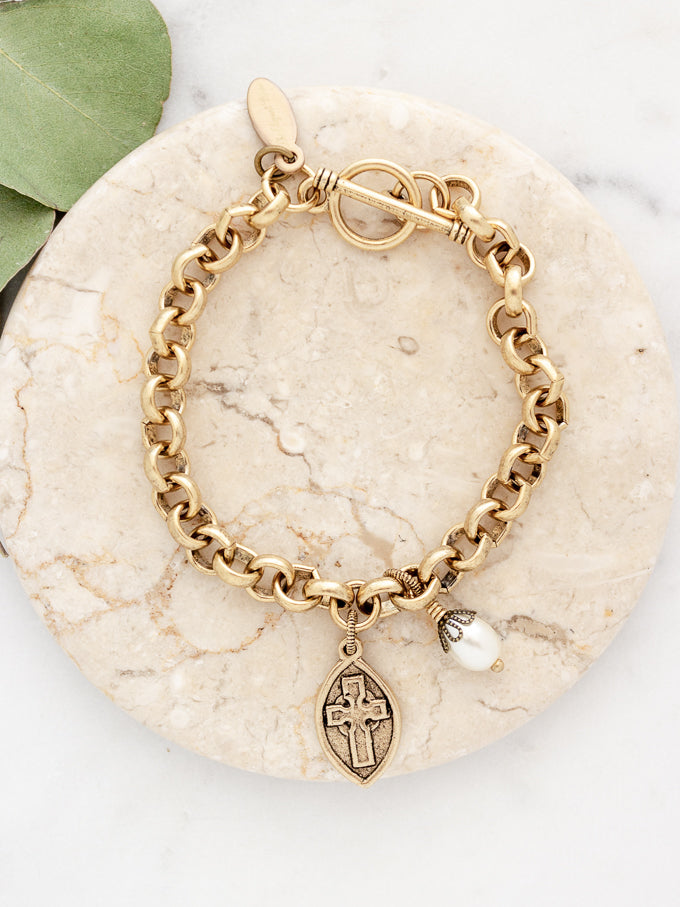 Two-Sided Cross & Dove Charm Bracelet with Pearl