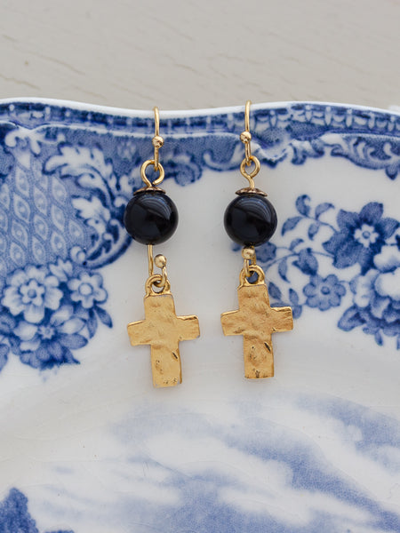 Hammered Cross with Black Onyx Gold Earrings