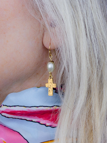 Hammered Cross Teardrop Pearl Gold Earrings