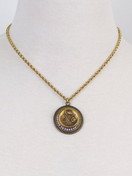 Small Gold Antique Button Necklace with Rhinestones