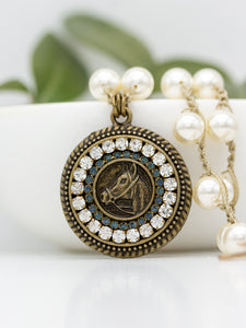Small Equestrian Necklace with Blue Vintage Rhinestones