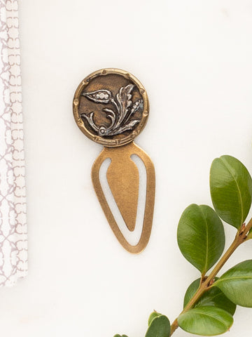 gold antique button bookmark with foliage