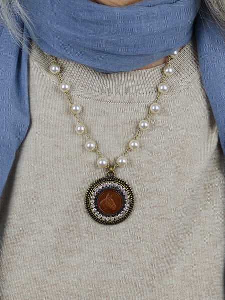 Vintage Leather Equestrian Button Necklace