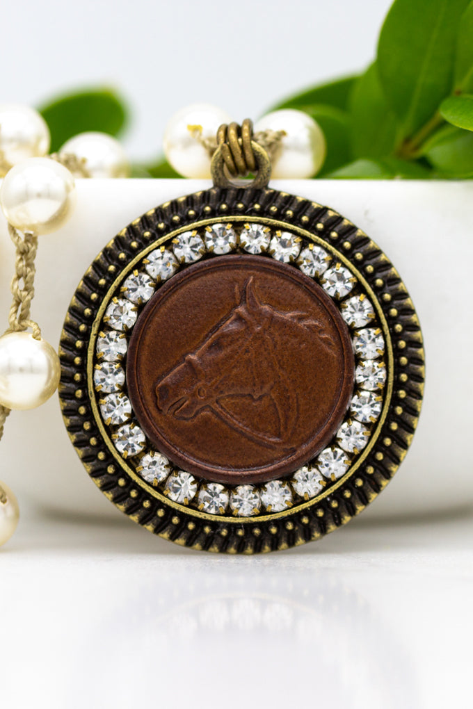 Vintage Leather Horse Button Necklace with Hand-Stitched Pearl Chain