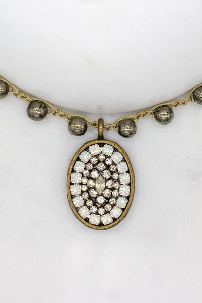 Repurposed Antique Rhinestone Necklace with Opals and Hand-Stitched Pyrite Stone Chain