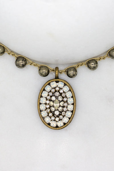 Repurposed Antique Rhinestone Necklace with Opals and Hand-Stitched Pyrite Stone Chain