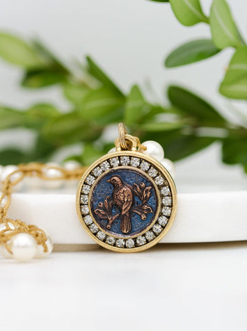 Antique Bird Button with Blue Background Pearl Necklace