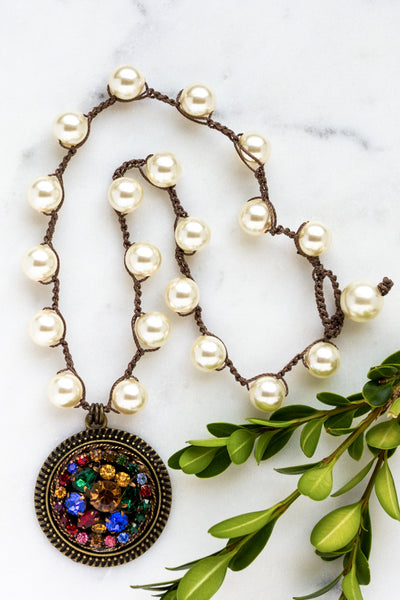 jewel toned rhinestone pearl necklace