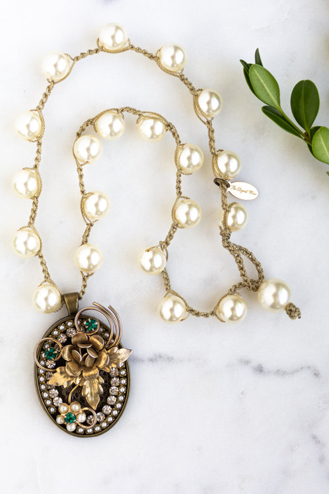 Repurposed Statement Necklace with Vintage Gold Flower and Emerald Green Stones