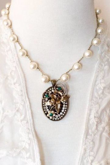 Repurposed Statement Necklace with Vintage Gold Flower and Emerald Green Stones