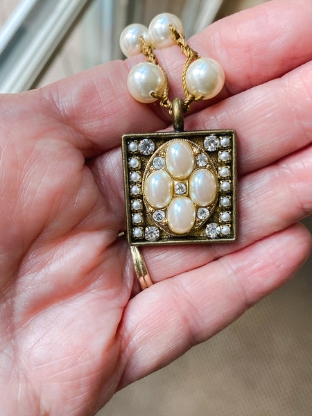 Vintage Pearl & Rhinestone Square Necklace