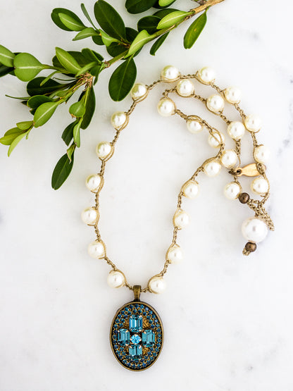 Vintage Aqua Rhinestone Cross Necklace