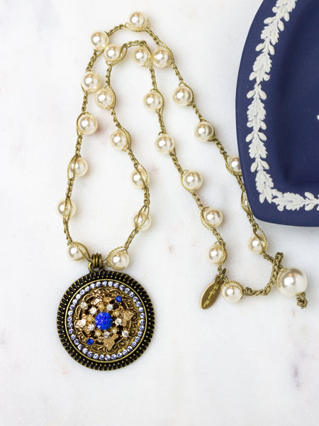 royal blue and gold necklace with Swarovski pearls