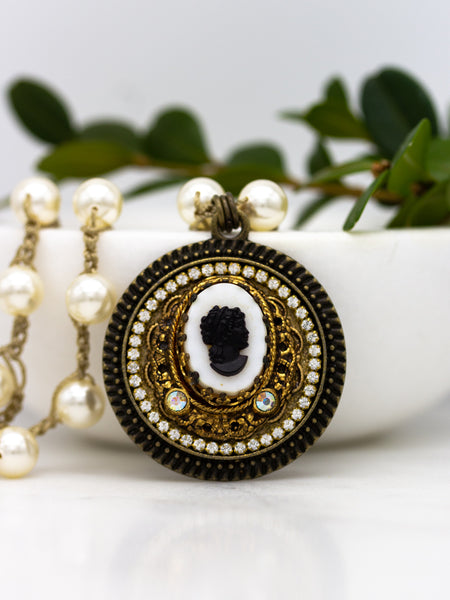 vintage black and white cameo repurposed necklace