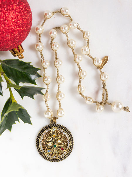 christmas tree vintage necklace with pearls
