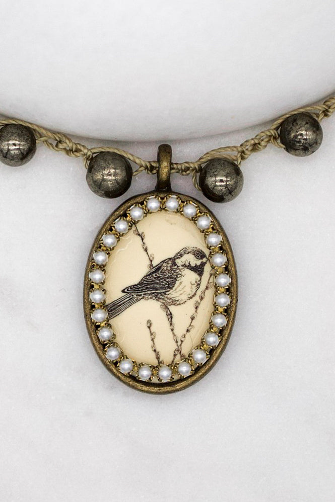 Vintage Etched Bird Necklace with Hand-Stitched Pyrite Stone Chain