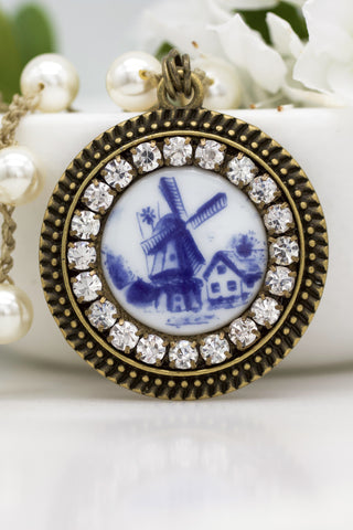 Porcelain Windmill Necklace with Hand-Stitched Pearl Chain