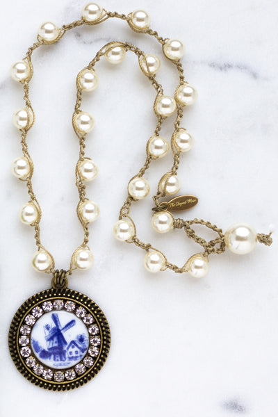 Porcelain Windmill Necklace with Hand-Stitched Pearl Chain