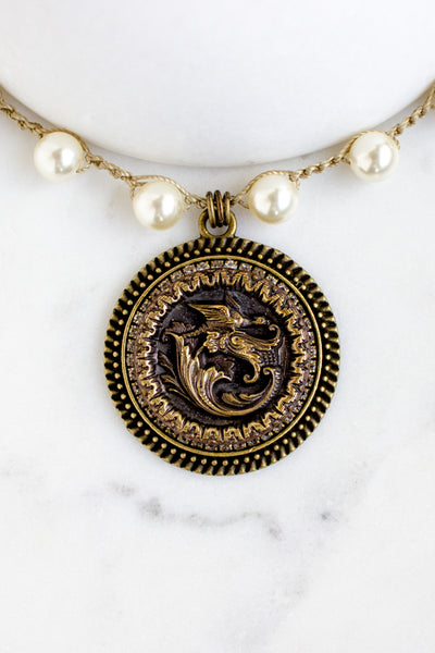 Vintage Dragon Button Necklace with Hand-Stitched Pearl Chain