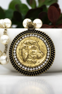 gold antique dog button necklace with Swarovski pearls